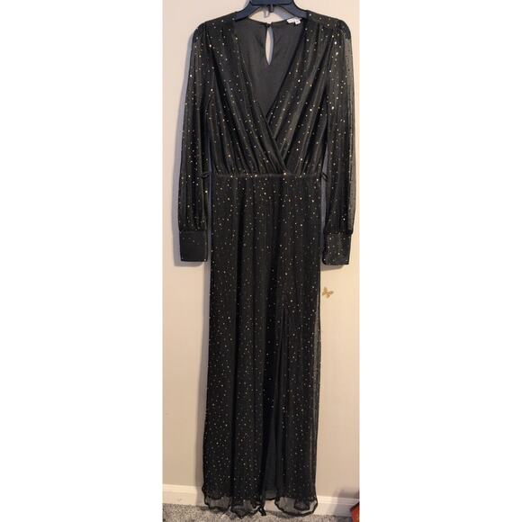 Baltic Born Venus Black & Gold Dot Pleated Maxi Dress EUC - Picture 2 of 4